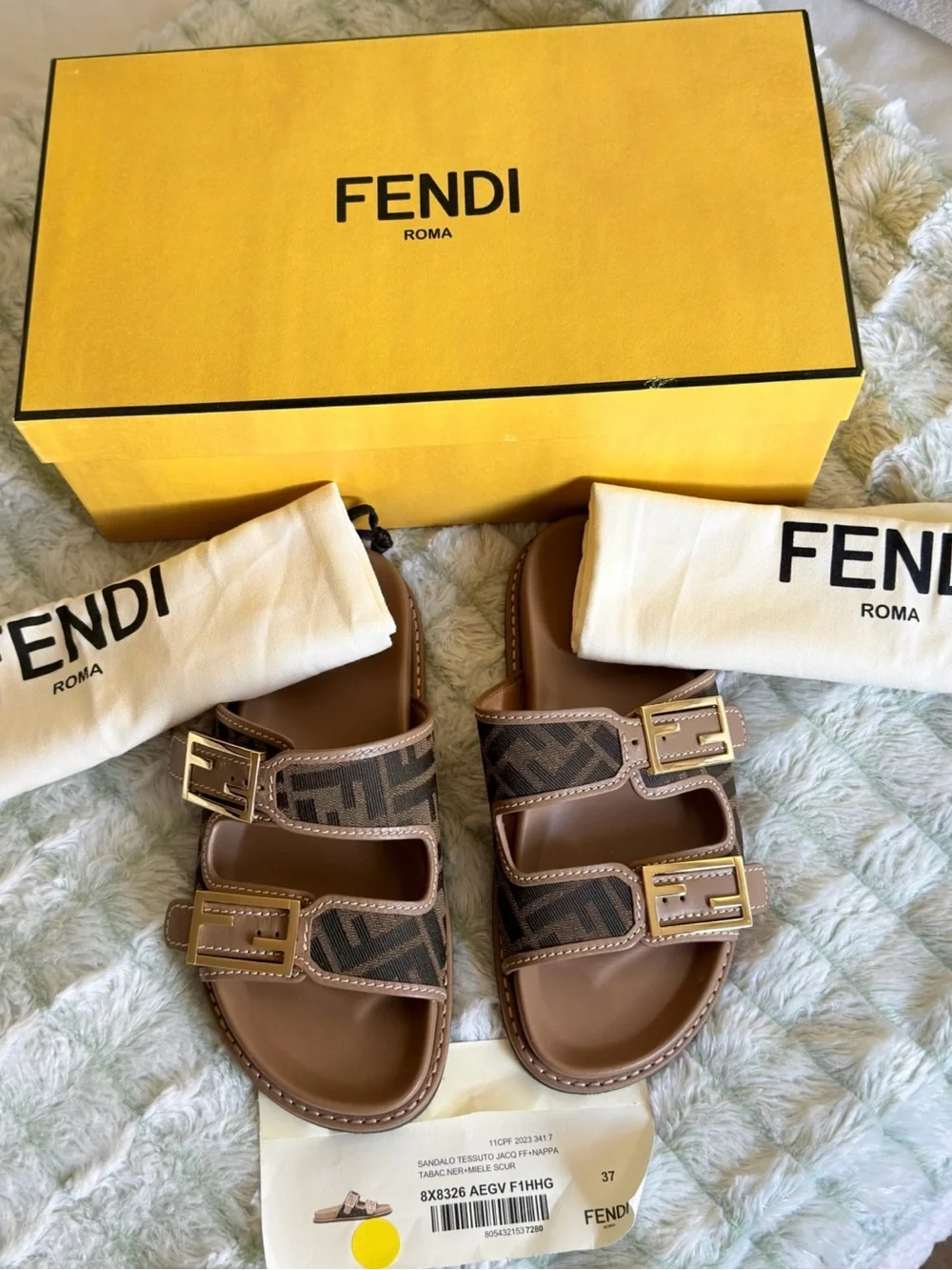Fendi Women’s Brown FF Logo Double-Strap Sandals